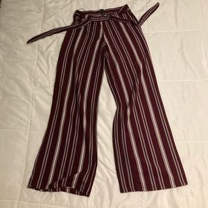 Wide leg linen pants. Maroon with thin black and white thing stripes